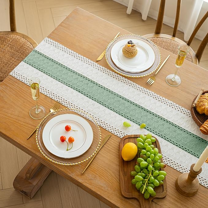 FEXIA Boho Table Runner for Home Decor with Tassels 60 Inches Long,Sage Green Farmhouse Rustic Table Runner Macrame Burlap Table Decoration for Living Room Bridal Shower(12x60 Inches)