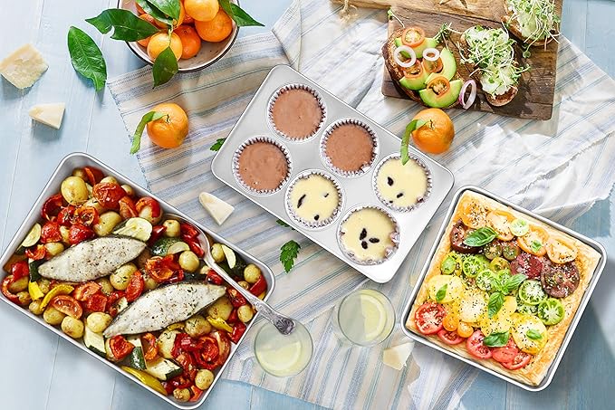 TeamFar Stainless Steel Bakeware Set of 8, Baking Roasting Toaster Oven Pans, Lasagna/Square/Round Cake Pan, Loaf Pan & Muffin Pan, Non-Toxic & Sturdy, Smooth & Dishwasher Safe