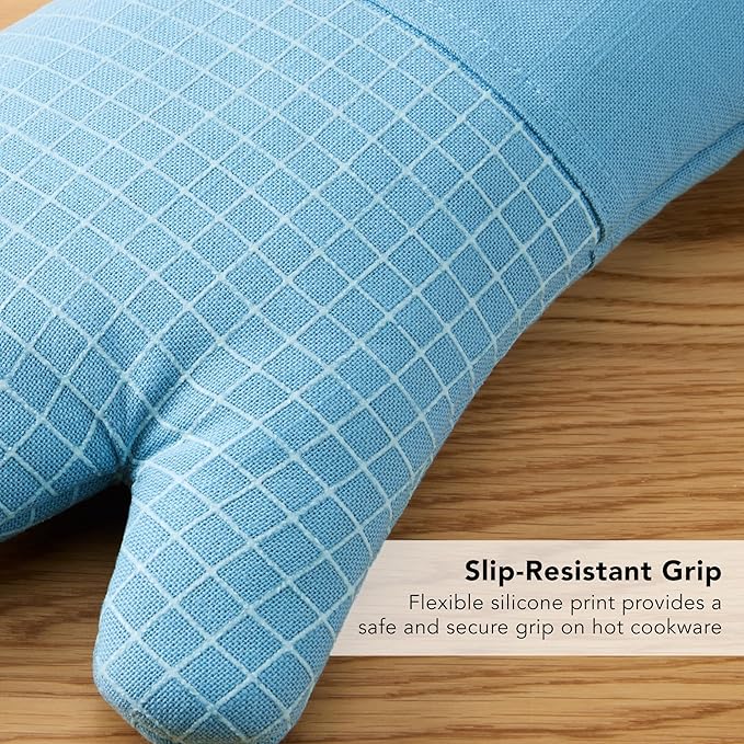 KITCHENAID Gourmet Series Gridlines Oven Mitts 2-Pack Set, Heat Resistant up to 600°F, Soft Silicone Grip, Magnetic Cuff, Blue Velvet, 7"x14"