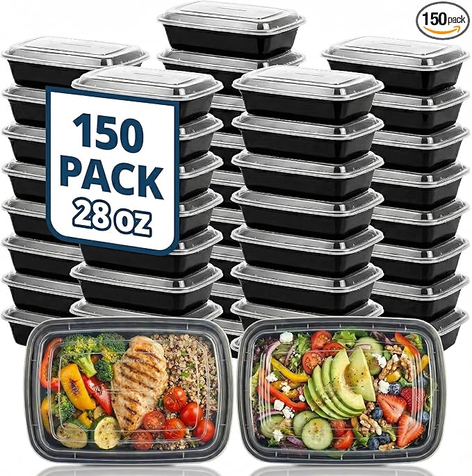 TIYA Meal Prep Containers with Lids, 150 Pack 28 oz Reusable Plastic Food Storage Containers, BPA-Free Lunch Boxes, Microwave/Dishwasher/Freezer Safe, Stackable Portion Control Containers