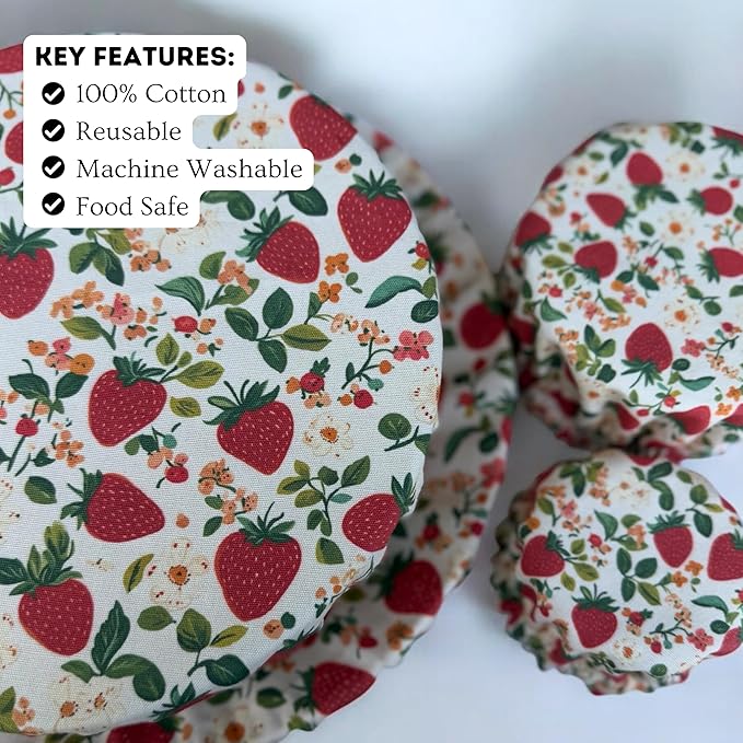 (4-Pack) Sourdough Reuseable Jar & Bowl Covers | Cute Baking Gift | 100% Cotton | Washable | Bread Proofing | Kitchen Food Storage Gifting | Starter Cover Lid Kit (Strawberry)