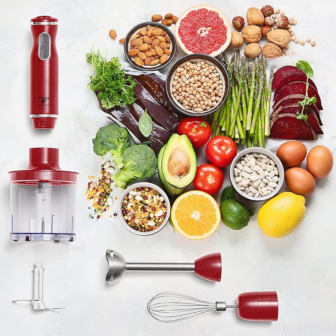 Moss & Stone Electric Hand Blender Set, 300W Immersion Hand Blender with Whisk and Chopper, Stainless Steel Shaft and Blades, 2-Speed Handheld Mixer with Ergonomic Grip, Red