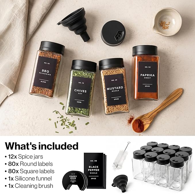 EDELHAUS Large Glass Spice Jars with Label and Black Rotating Lids (12 x 6.7 fl oz) Spice Containers with 160 Labels, Shaker Inserts, Funnel, Empty Square Containers [4.7 in × 2.2 in]