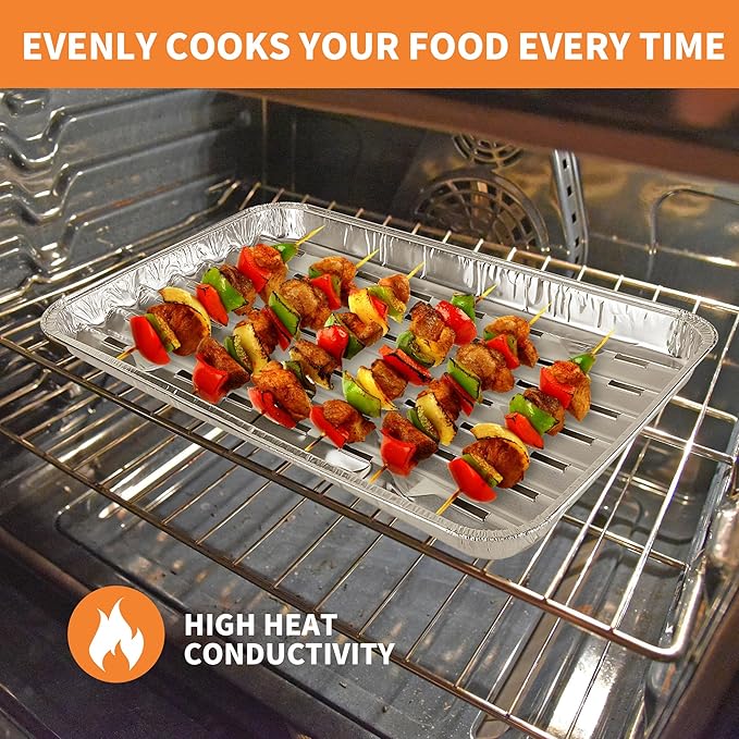 40 Pack Disposable Broiler Pans with Holes, 13.4 x 9 x 0.7 inch Aluminum Foil Grill Pans for Oven, Baking, BBQ, Takeout, Meal Prep