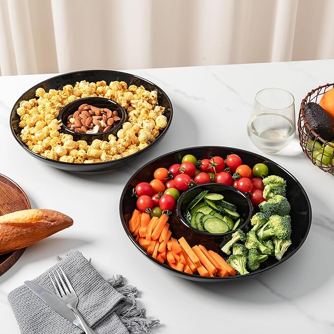 LEHAHA Porcelain Chip and Dip tray, set of 2, Ceramic Divided Serving Tray for Parties, Round Dip Platter and Salsa bowl Perfect for chips, salsa, candy, olives, nuts, fruit and veggies, Bright Black