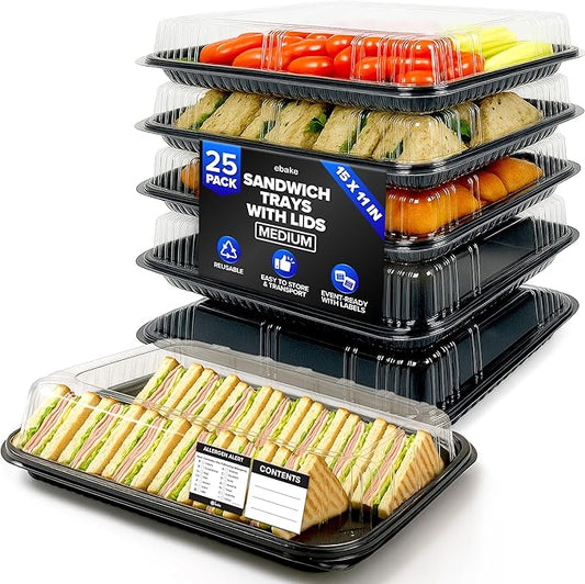 25 Pack Catering Trays with Lids – 15" Serving Tray with Lid, Heavy Duty Recyclable Plastic Party Platters for Catering, Buffet, Picnics & Events – Food Tray with Clear Lid (15.35 × 11.42 × 2.95 inch)