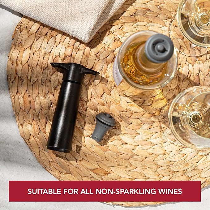 Vacu Vin Wine Saver Pump Grey with Vacuum Wine Stopper - Keep Your Wine Fresh for up to 10 Days - 1 Pump 2 Stoppers - Reusable - Made in the Netherlands