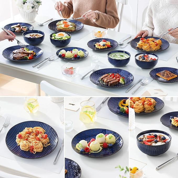 MALACASA 12 Pieces Dinnerware Sets, Modern Plates and Bowls Sets, Blue Dish Set for 4, Kitchen Ceramic Dinner Plates Dishware Set, Microwave and Dishwasher Safe, Series LYDIA