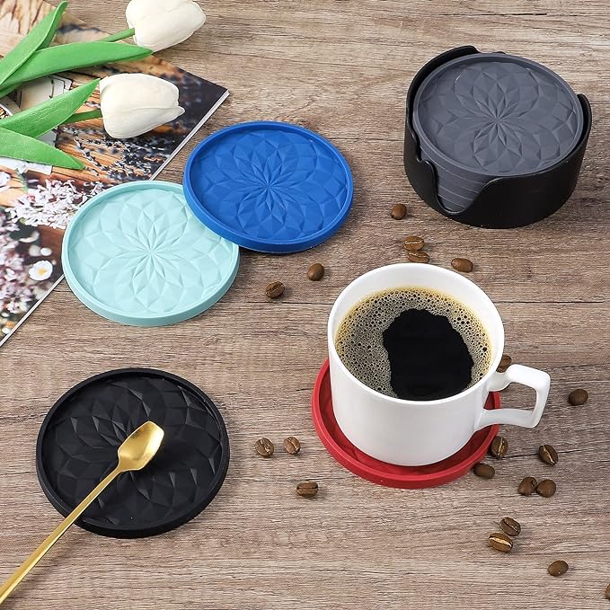 ME.FAN Silicone Coasters with Holder,[6 Pack] Drinking Coasters - Cup Mat for Hot or Cold Drinks, Thickened, Non-Slip, Non-stick,Deep Tray Navy Blue