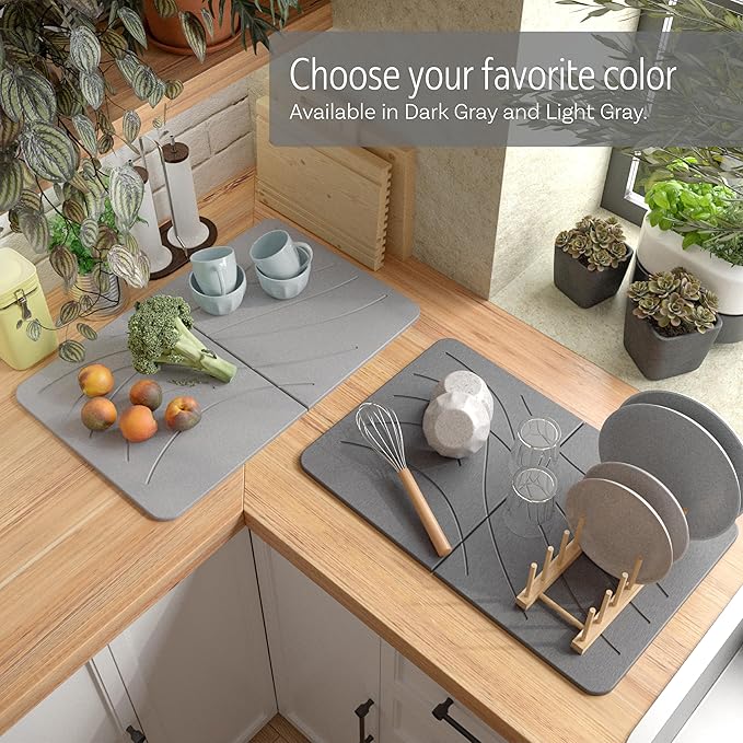 Large Stone Drying Mat with Bamboo Rack | 23.6” x 15.4” Diatomaceous Earth Collapsible Stone Dish Drying Mat | Quick Water Absorbing Foldable Dish Drying Stone for Kitchen Counter Racks (Dark Gray)