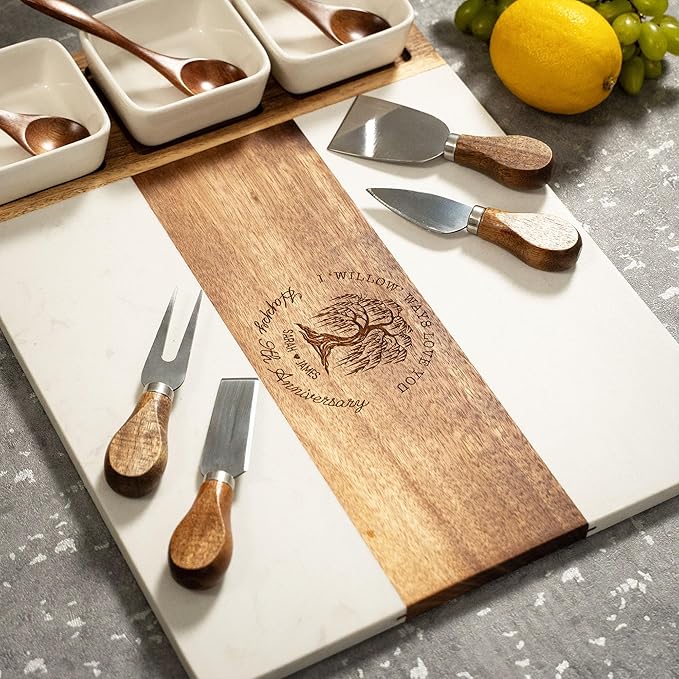 Personalized 9th Anniversary Marble Charcuterie Board, 9th Anniversary Cheese Board - Charcuterie Boards Gift Set for Wife, Willow Gifts for Wedding