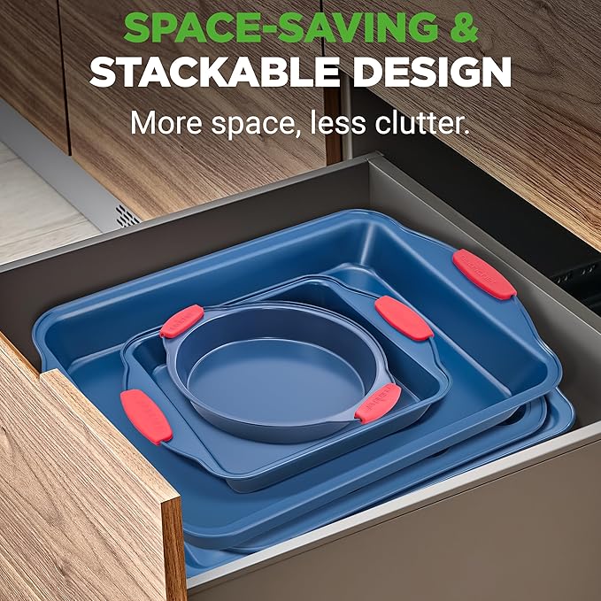 NutriChef 10-Piece Nonstick Bakeware Set - Deluxe Carbon Steel with Blue Silicone Coating, Red Handles, Professional Grade Kitchen Essentials, Ideal for Baking Cakes, Cookies, and More (Blue)