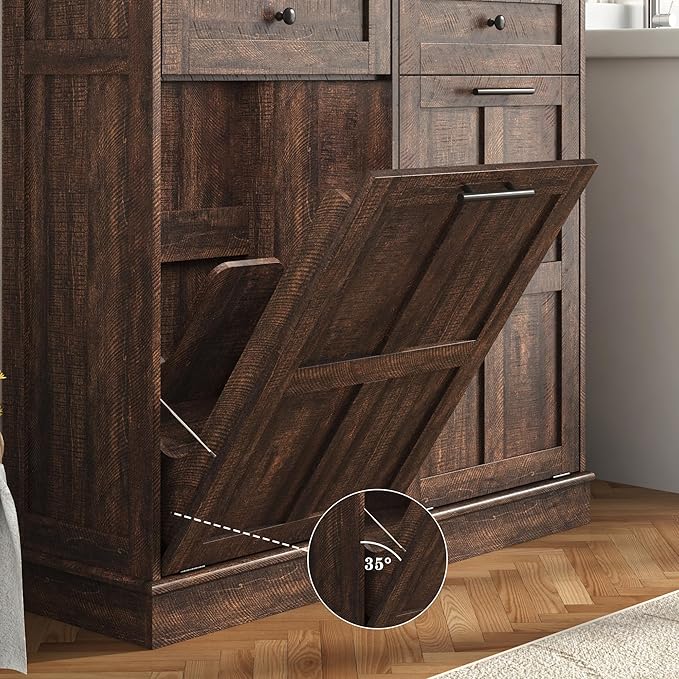 chartustriable 26 Gallon Double Tilt Out Trash Cabinet, Pet Proof Barn Door Garbage Can with 2 Drawers, Farmhouse Wood Laundry Hamper & Storage Basket, Kitchen, Rustic Brown