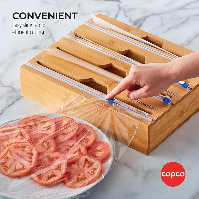 Copco In Drawer or Mounted 4 Compartment Organizer for Plastic, Foil, Wax and Parchment Paper featuring Easy Slide Tabs for Perfect Cut, With 21 Customizable Labels, Bamboo, 13.3 x 11 x 3 Inch