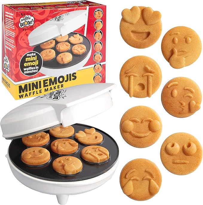 Mini Emojis Waffle Maker for Mother's Day Breakfast- Make 7 Unique Smiley Face Waffles Pancakes for Kids- Electric Non-Stick Iron Feat Kiss Face Heart Eyes & Smile w Recipe Guide- Licensed by Emoji