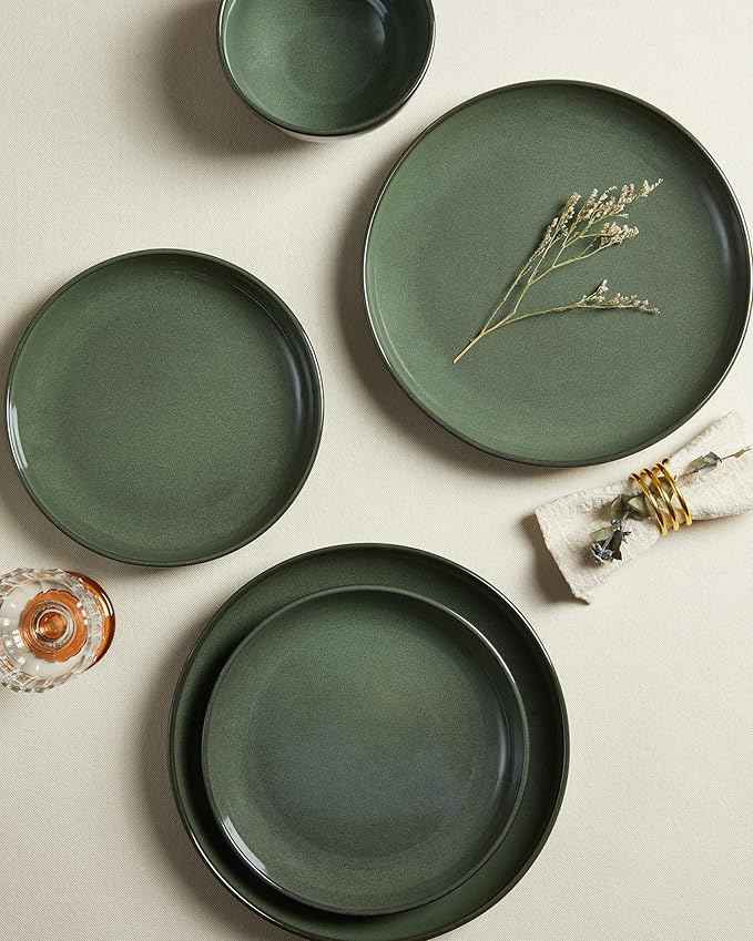 Stoneware Dinnerware Sets, Ceramic Plates and Bowls Set, Microwave & Dishwasher Safe Kitchen Dishes, Modern Dinner Salad Plates | Cereal Bowls, Dishware Sets Service for 4 Forest Green