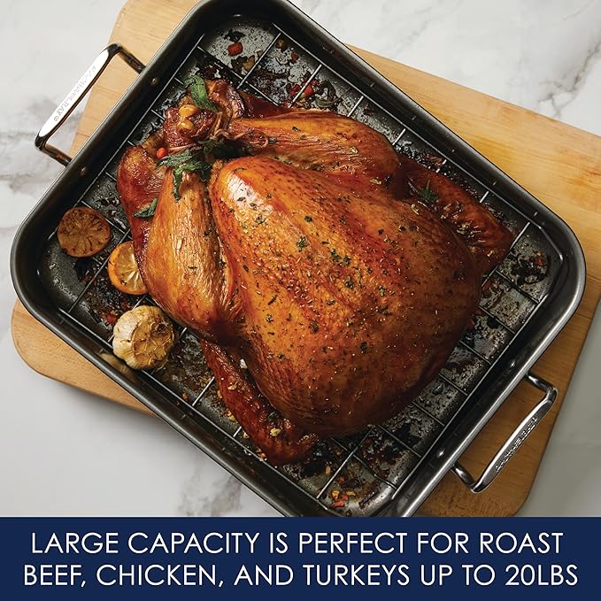 Rachael Ray Bakeware Nonstick Roaster/Roasting Pan with Reversible Rack, 16.5 Inch x 13.5 Inch, Gray
