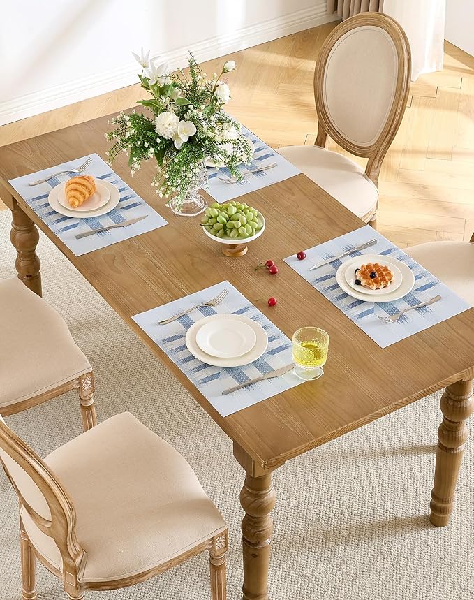 Leetaltree Geometric Print Blue Placemats Set of 6 - Heat Resistant Non-Slip Place mats for Dining Table, Washable Durable PVC Vinyl Woven Table Mats (Geometric Blue, 6)
