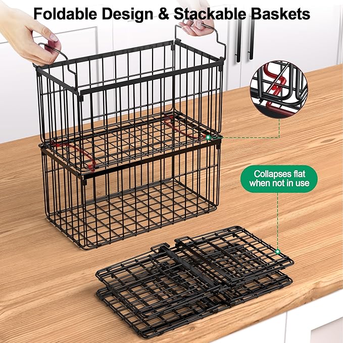 Freezer Organizer Bins, 4 Pack Stackable Deep Chest Freezer Organizer Bins, Foldable Baskets with Handles, Black Storage Container Baskets for 5/ 7 Cu.FT Deep Freezer Sort Frozen Meats