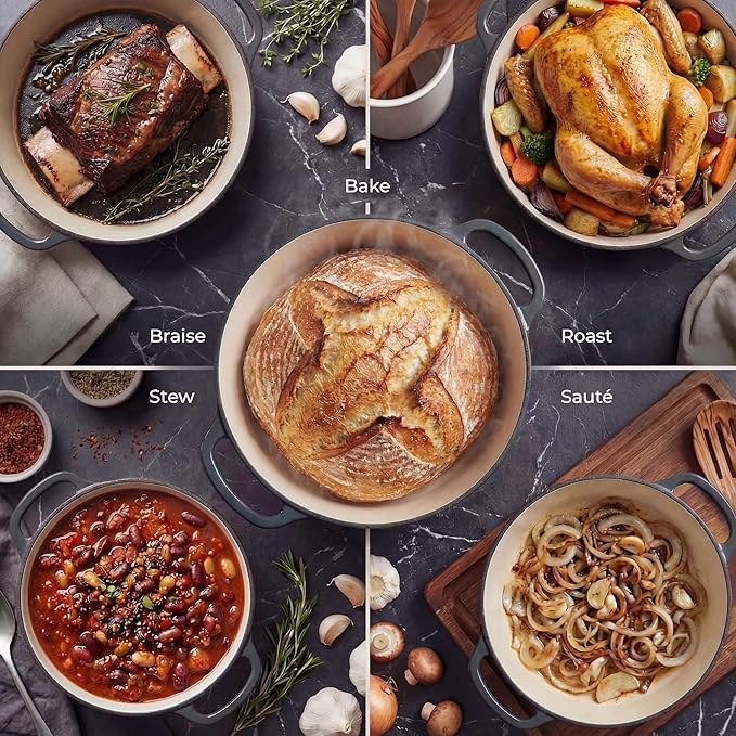 Zulay Kitchen 7.7 Quart Enameled Cast Iron Dutch Oven Pot with Lid – Premium Durability & Oven Safe up to 500°F – Heavy Duty Cookware Perfect for Bread Baking, Stews, Braising & Roasting – Gray