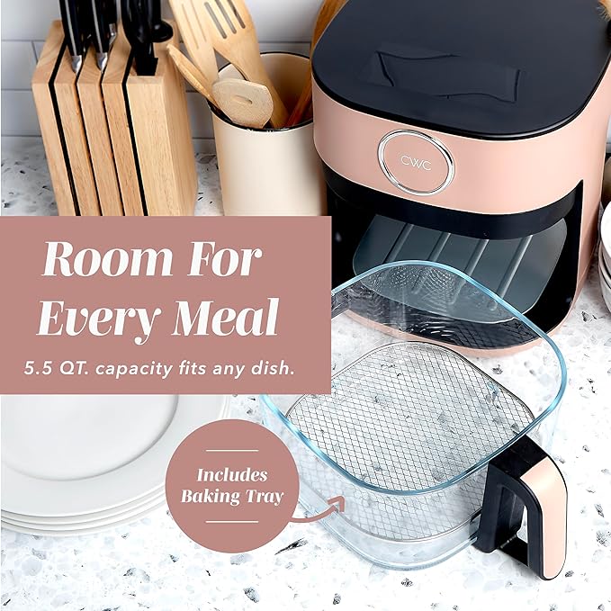 COOK WITH COLOR 1400W 5.5Qt Digital Kitchen Air Fryer with Glass Basket, 8 Presets Healthy Cooking Options, Bake, Fry, Reheat, 60-Min Timer, Adjustable Temperature Control 175°F–400°F, Blush