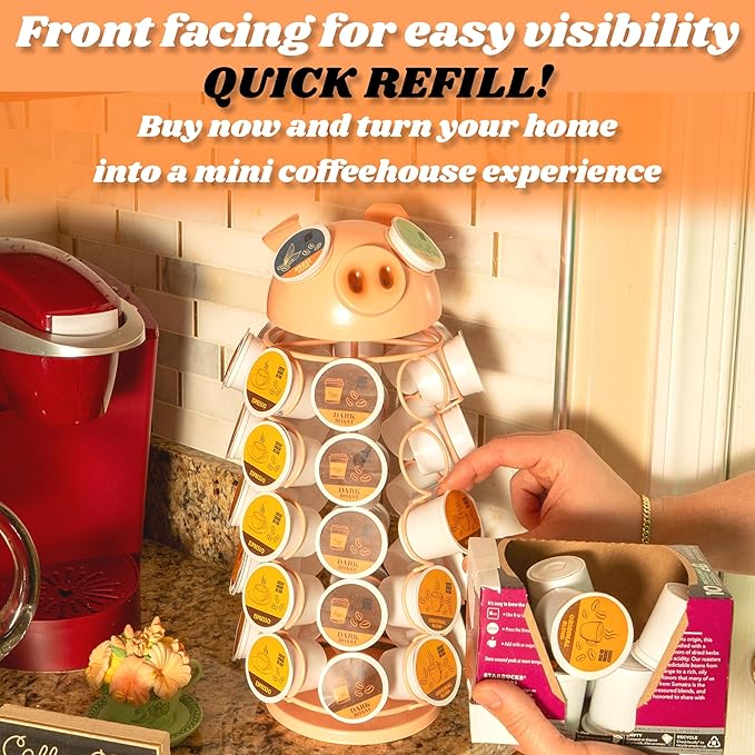 Made Easy Kit Carousel Coffee Pod Holder - Compatible with Keurig K-Pods K-Cups - Countertop 360 Spin Rack Storage Organizer - Revolving Base - Capsule Café Station Bar (Pig Pink, Small)