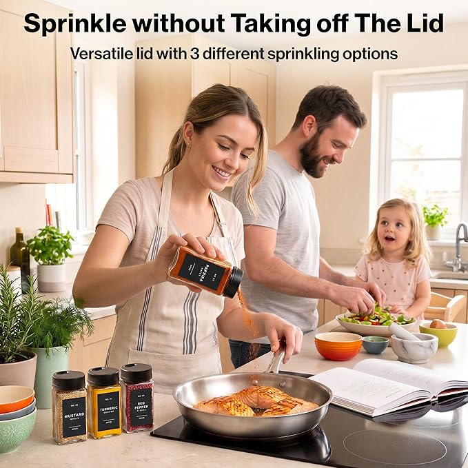 EDELHAUS Large Glass Spice Jars with Label and Black Rotating Lids (12 x 6.7 fl oz) Spice Containers with 160 Labels, Shaker Inserts, Funnel, Empty Square Containers [4.7 in × 2.2 in]