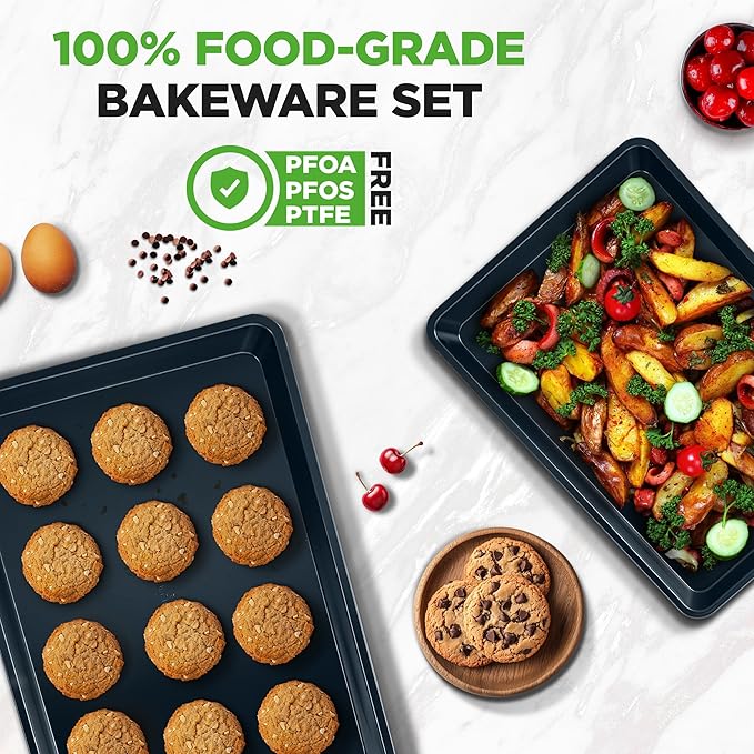 NutriChef 2-Piece Baking Sheet Non Stick - Premium Carbon Steel Cookie Sheets for Baking - Large and Medium Baking Trays for Oven - Blue Diamond