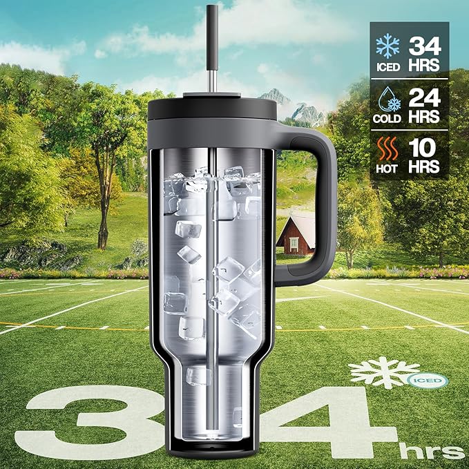 POWCAN 50 oz Tumbler with Handle 2 Pack, 2-in-1 Straw & Sip Lid, Leakproof, Dishwasher Safe, Insulated Stainless Steel Coffee Mug, Keeps Cold for 34 Hours, Fits in Car Cup Holder(Might & Barbie)