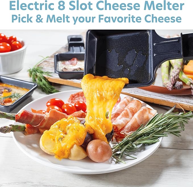Electric Cheese Raclette Table Grill w Nonstick Grilling Plate & Cooking Stone- Indoor Smokeless Korean BBQ 8 Person Tabletop Cooker Hotplate- Melt or Grill Meat, Veggies for Home Dinner Party or Apps