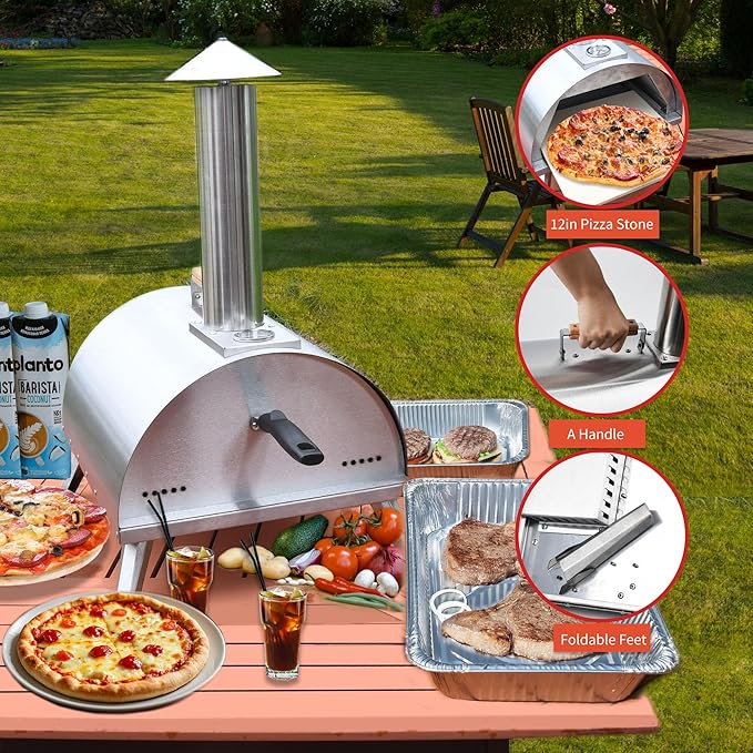 12" Wood Pellet Pizza Oven – Portable Stainless Steel Outdoor Pizza Maker with Built-In Thermometer, Foldable Legs, Carry Handle & Cordierite Pizza Stone for Backyard, Patio & Camping