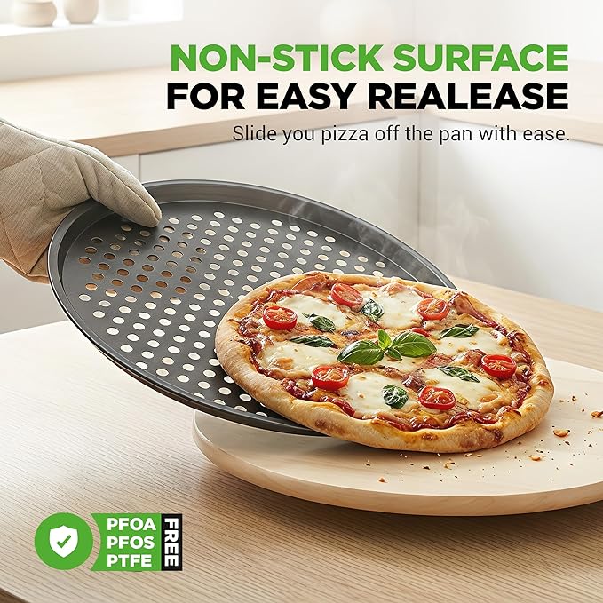 NutriChef 2-Pack 13’’ Non-Stick Pizza Pans, Round Pizza Pans for Oven, Commercial-Grade Carbon Steel, Non-Stick Gray Coating, Ideal for Baking Pizza, Cookies and More, Dishwasher Safe