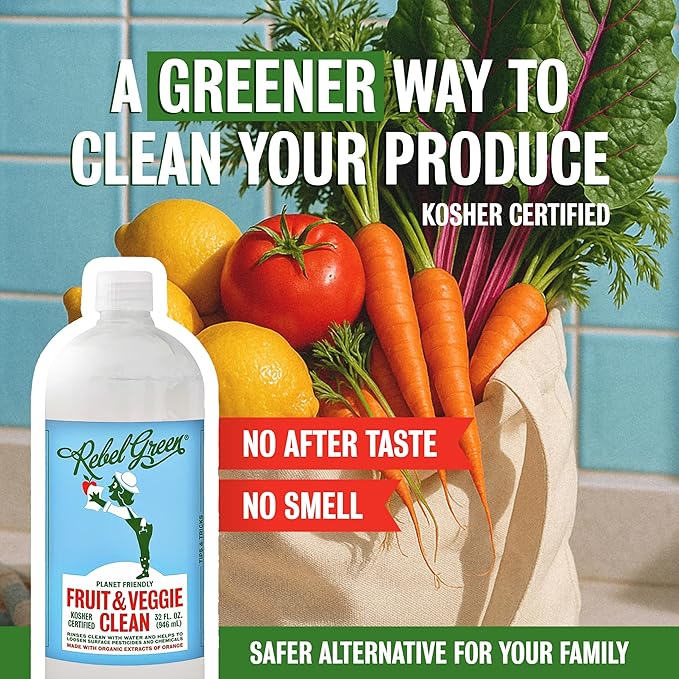 Rebel Green Fruit & Veggie Clean - Plant-Based Produce Cleaner - Natural Fruit and Vegetable Wash with No Aftertaste - Chemical & Wax Removal - Made with Organic Extracts of Citrus - 6 Pack 17 FL OZ