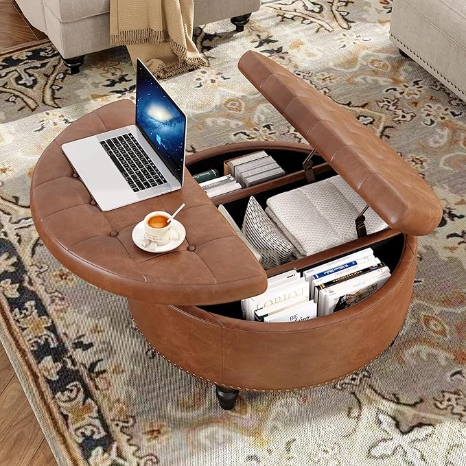 30 Inch Large Round Ottoman with Storage, Modern Leather Ottoman Coffee Table with Lift Top, Upholstered Button Tufted Footrest Stool Toy Blanket Storage for Living Room, Brown