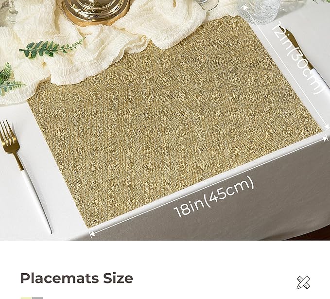 Leetaltree Gold Placemats Set of 8 - Heat Resistant Non-Slip Place mats for Dining Table, Washable Durable PVC Vinyl Woven Table Mats(Luxury Gold, 8)