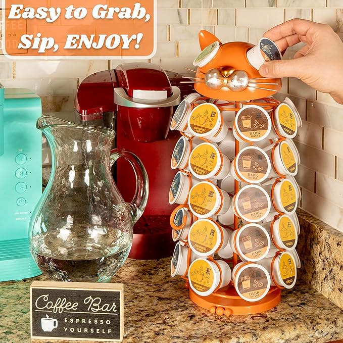 Made Easy Kit Carousel Coffee Pod Holder - Compatible with Keurig K-Pods K-Cups - Countertop 360 Spin Rack Storage Organizer - Revolving Base - Capsule Café Station Bar (Cat Orange, Large)