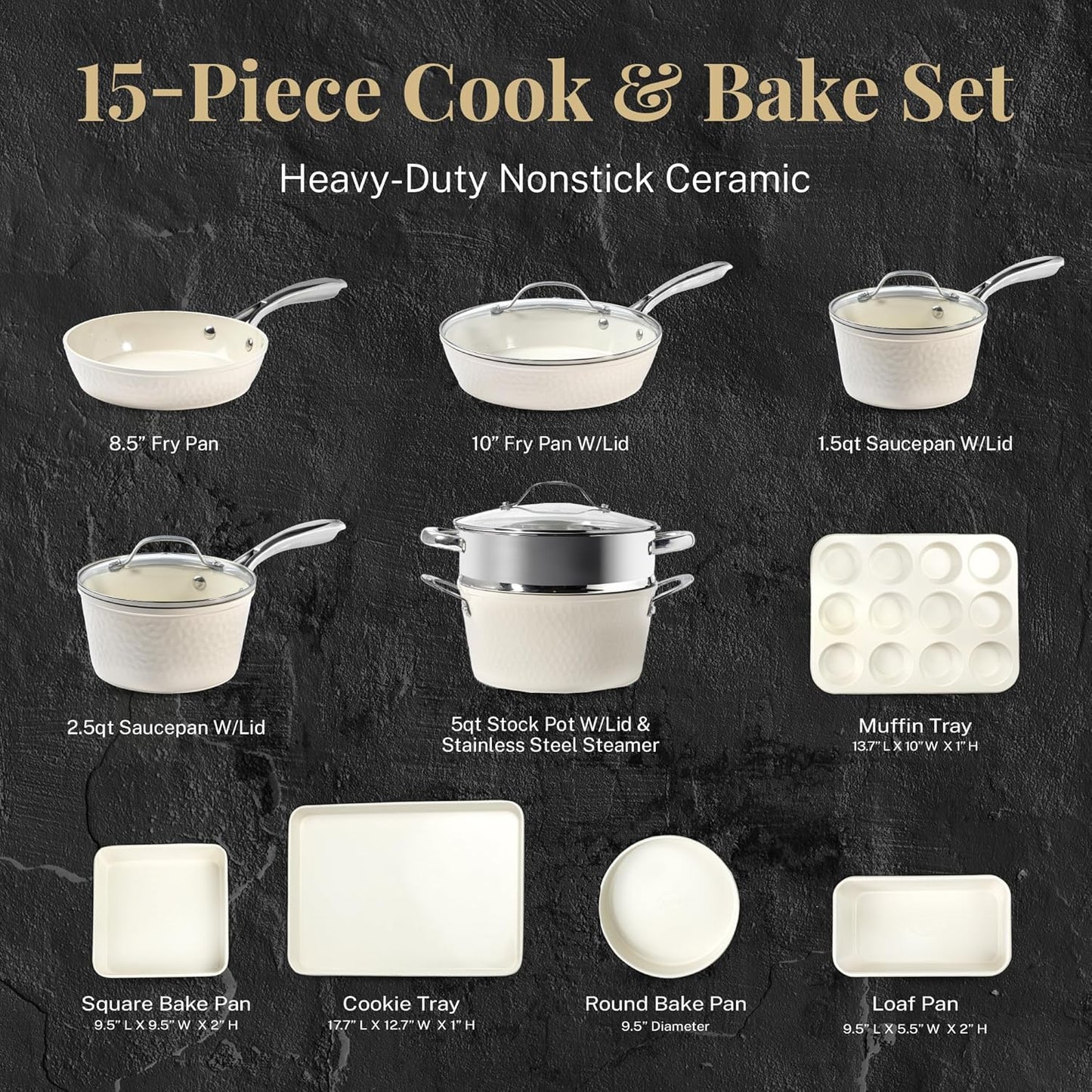 Gotham Steel Hammered 15Pcs Ceramic Cookware Set Nonstick, Induction Pots and Pans Set Non Stick with Bakeware Set & Steamer for Cooking, Non Toxic PFOA PFOS Free, Oven & Dishwasher Safe, Cream White