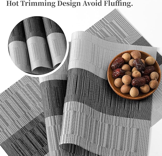 Leetaltree Grey with White Striped Placemats Set of 12 - Heat Resistant Non-Slip Place mats for Dining Table, Washable Durable PVC Vinyl Woven Table Mats（Grey Stripe, 12）