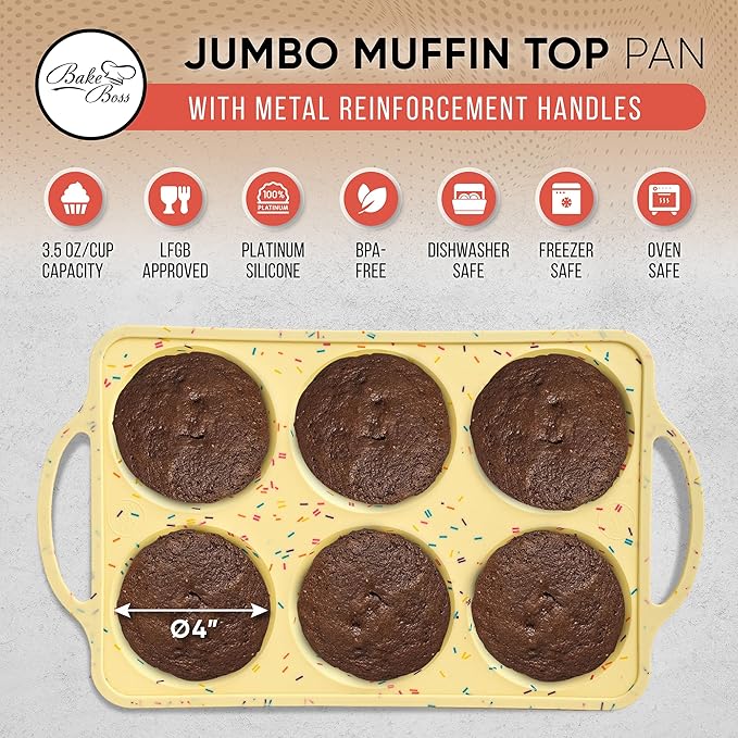 BAKE BOSS Jumbo Top Silicone Muffin Pans for Baking, 4 Inch Silicone Jumbo Muffin Pan 6 Cup, Egg Pan for Baking English muffins, Whoopie Pies, Corn Bread Bites, Confetti Muffin Top Pans Non Stick
