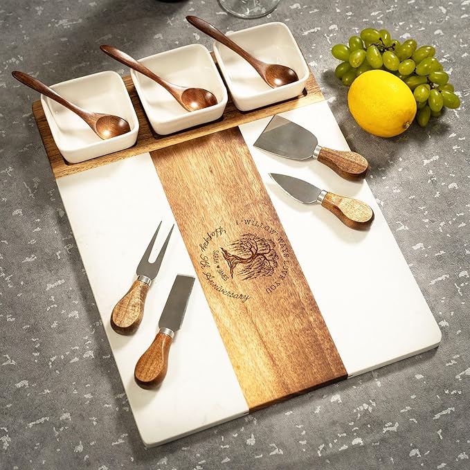 Personalized 9th Anniversary Marble Charcuterie Board, 9th Anniversary Cheese Board - Charcuterie Boards Gift Set for Wife, Willow Gifts for Wedding