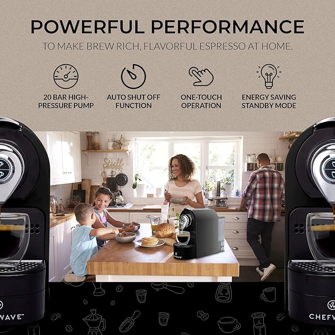 ChefWave Káva Espresso Machine - Nespresso-Compatible, 20 Bar Pressure, Fast Heat-Up, Compact Design, Auto Off, Dishwasher-Safe Water Tank