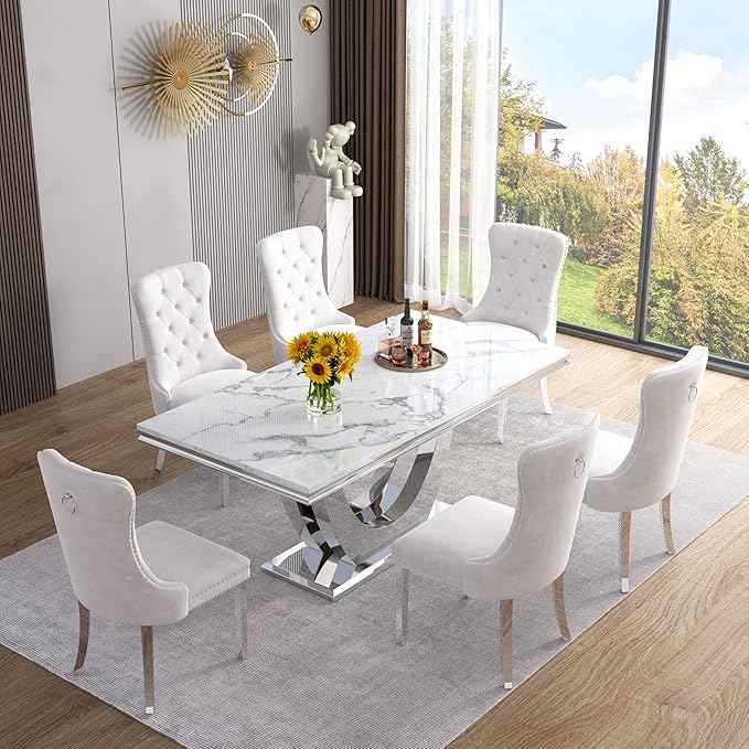 AF ARTISAN FURNITURE Marble Dining Table for 4-8,White Faux Marble Dining Tables with Silver U-Shaped Mirrored Finish Stainless Steel Base, Marble Kitchen Table for Living Room Home Office