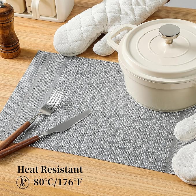 Leetaltree Lunar Grey Placemats Set of 4 - Heat Resistant Non-Slip Place mats for Dining Table, Washable Durable PVC Vinyl Woven Table Mats（Lunar Grey, 4）