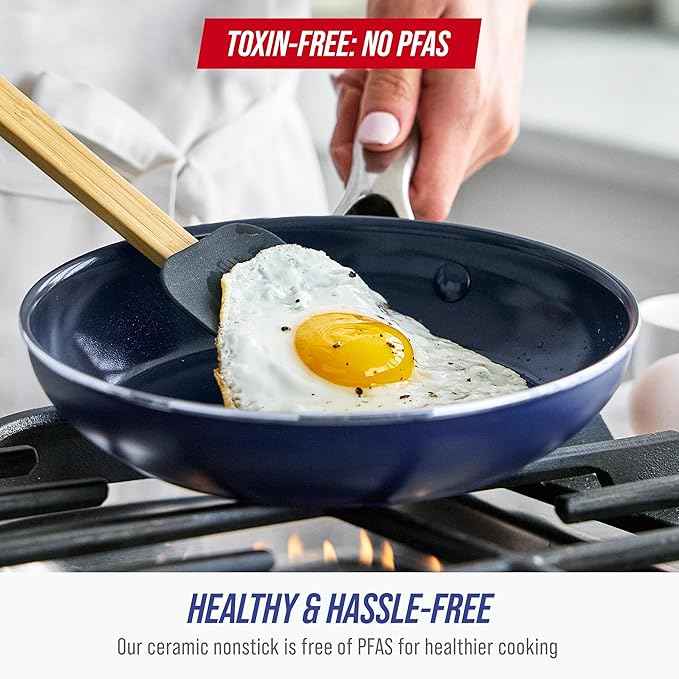 Blue Diamond 10 Piece Nonstick Cookware Set, Diamond Ceramic Pots & Pans, Dishwasher & Metal Utensil Safe, Non Toxic PFAS-Free, Kitchen Cooking Sauce & Saute Pans, Oven & Broiler to 600F, Blue
