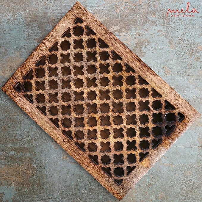 Mela Artisans 10.5” x 7.5” x 4” Mango Wood Box with Lid – Trellis Medium Burnt – Handcrafted Keepsake Box – Extra Large Storage for Jewelry & Home Décor Accents
