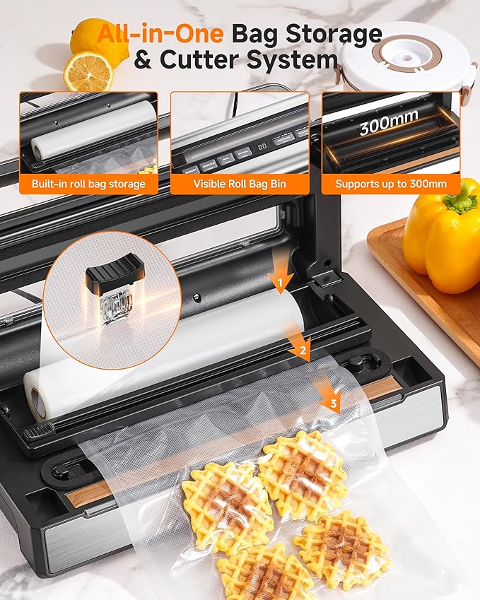 95KPa Automatic Vacuum Sealer, 9-in-1 Food Sealer for Dry/Moist/Liquid Foods, Double Heat Seal & Pump, Includes Bag Rolls & Hose, Stainless Steel