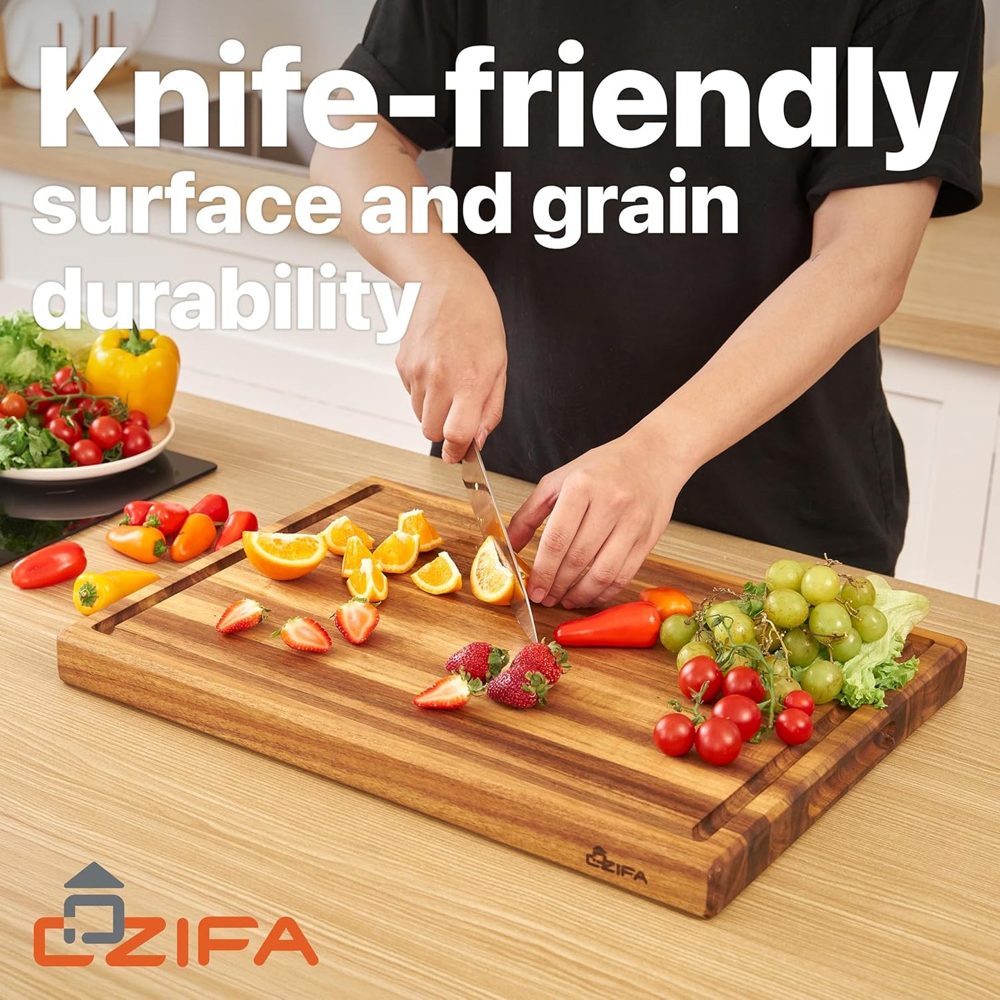 COZIFA- Large Cutting Board Wood Acacia - Thick Wooden Cutting Boards for Kitchen - Wooden Chopping Boards for Kitchen with Juice Groove, Inner Handle, Natural Oil Wax Finish - 17x12 x1.2inches