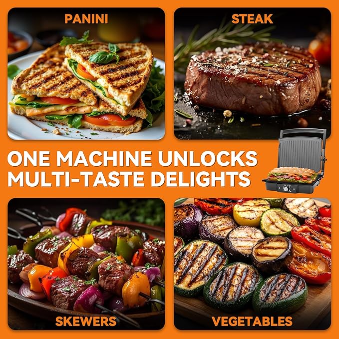 Baker’s Friend Panini Grill Press Sandwich Maker, 4-Slices Panini Press Maker, Grill Cheese Sandwich Maker, Indoor Grill Electric, Non Stick Surfaces, Stainless Steel