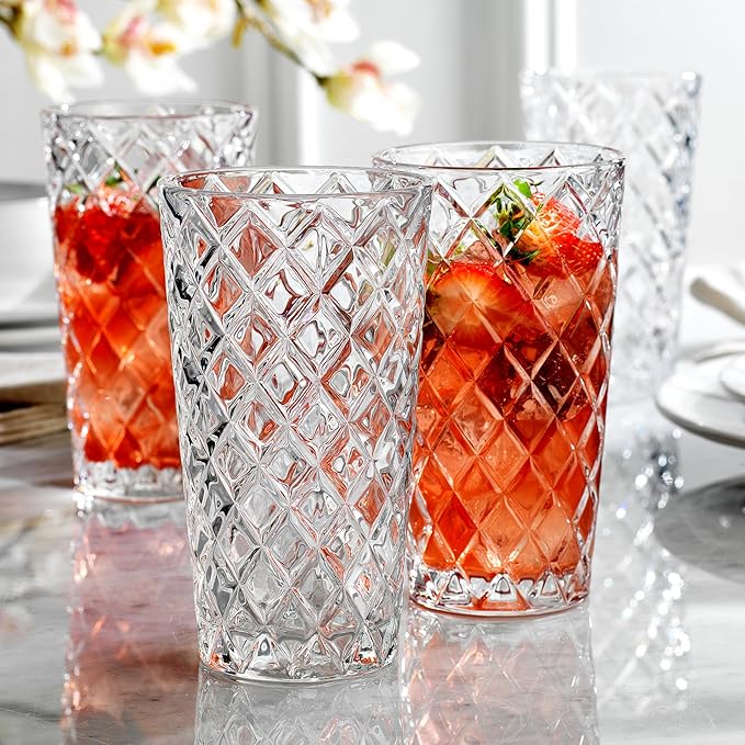 Glaver's Drinking Glasses Set of 4. Tall Highball Glasses. 14oz. Textured Diamond Cut Elegant Drinking Glass Cups- Kitchen Glassware for Water, Iced Tea, Juice, Cocktail.