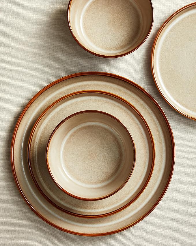 Pokini Dinnerware Set for 8, Ceramic Dish Sets, Plate and Bowl Set, Microwave & Dishwasher Safe Dishware Set, Chip & Scratch Resistant Dinner Set, One-of-a-Kind Design, Amber Brown